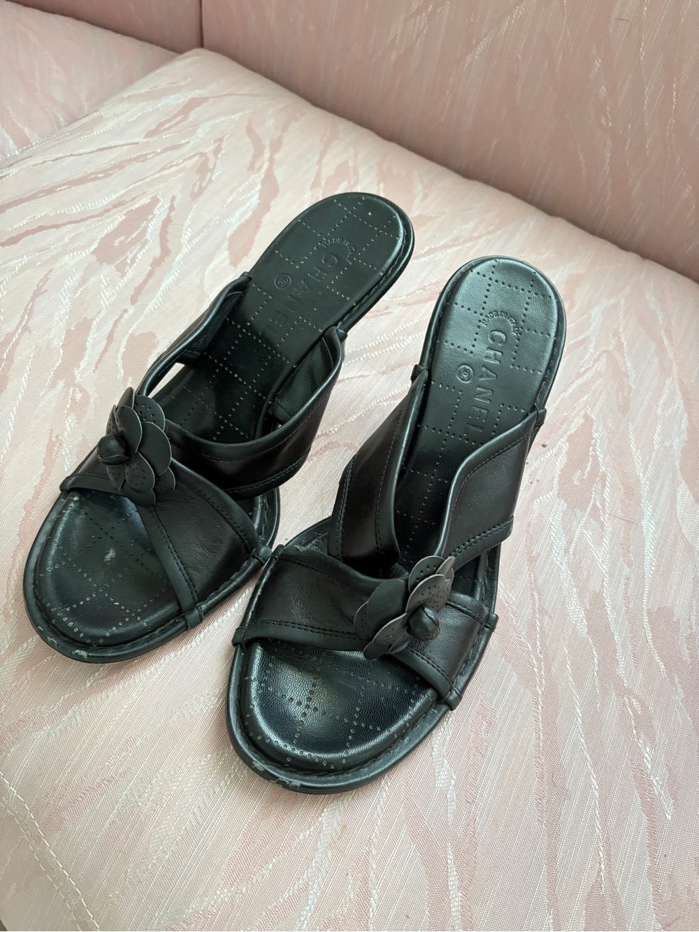 CHANEL Black Leather Slide Mules with Camellia Detail - Picture 2 of 5